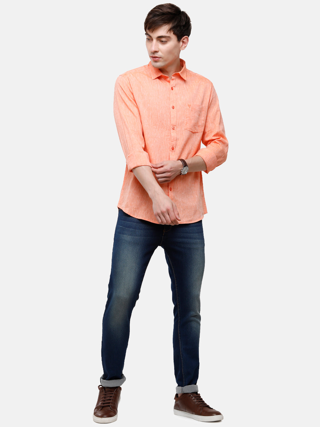 Classic Polo Mens Linen Cotton Solid Woven Shirt - Porsh-Orange FS