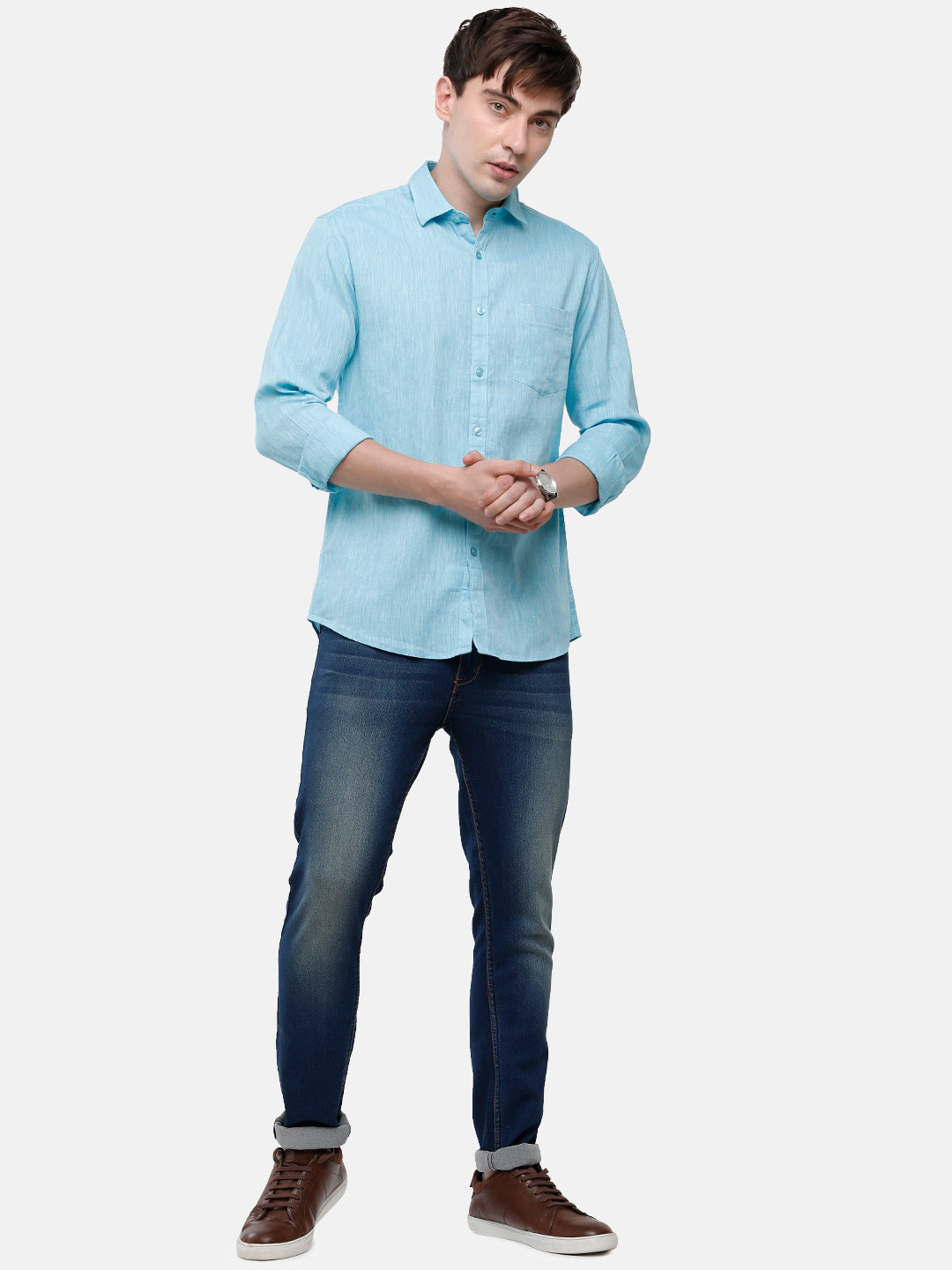 Classic Polo Mens Blue Linen Cotton Woven Shirt - Porsh Blue FS
