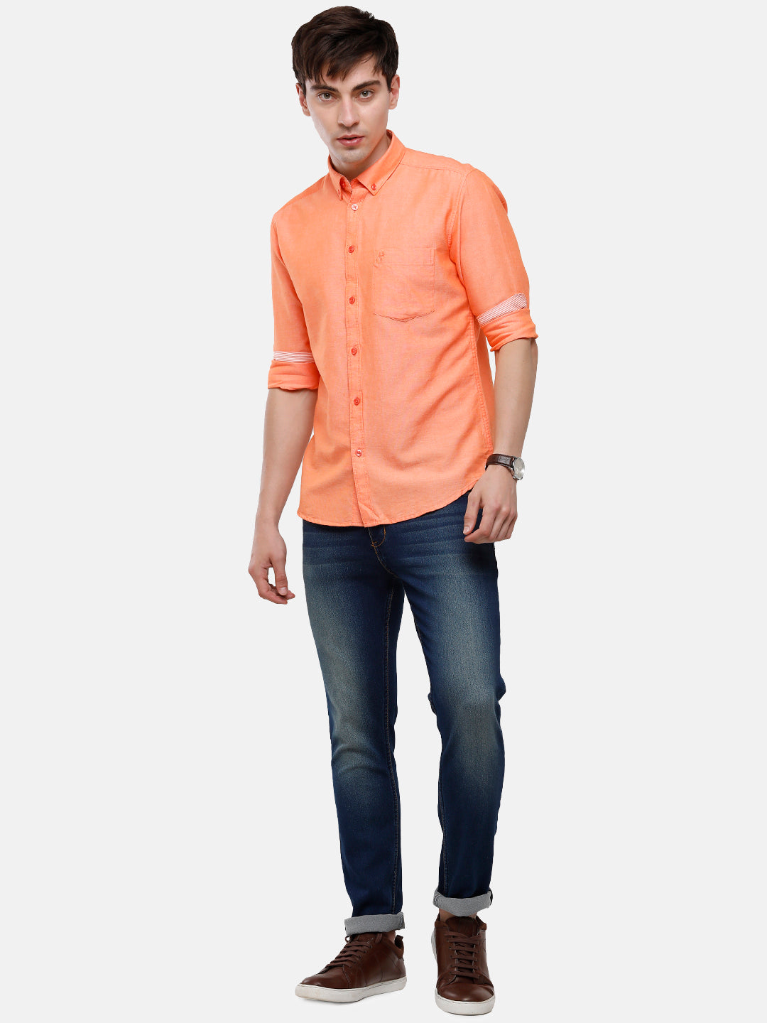 Classic Polo Men's Cotton Orange Solid Full Sleeve Shirt - Enzo-Orange-Fs