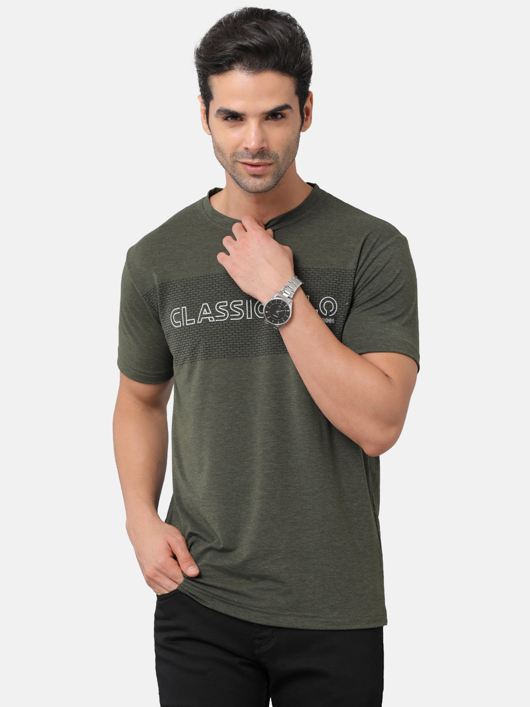 Classic Polo Mens Cotton Chest Print Slim Fit Round Neck Green Color T-Shirt | Baleno 483