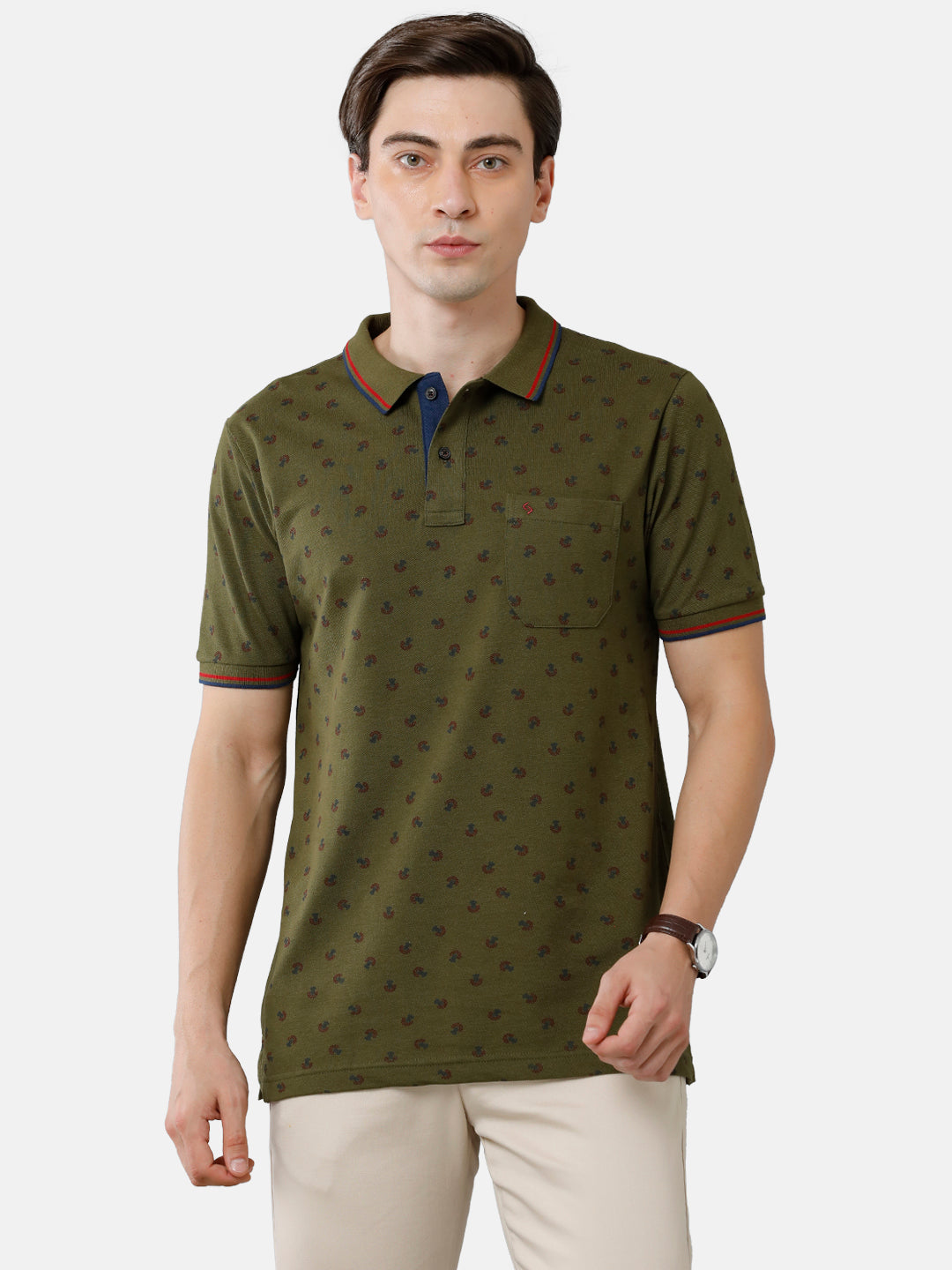 Classic Polo Mens Cotton Printed Slim Fit Polo Neck Olive Green Color T-Shirt | Beau 181 B