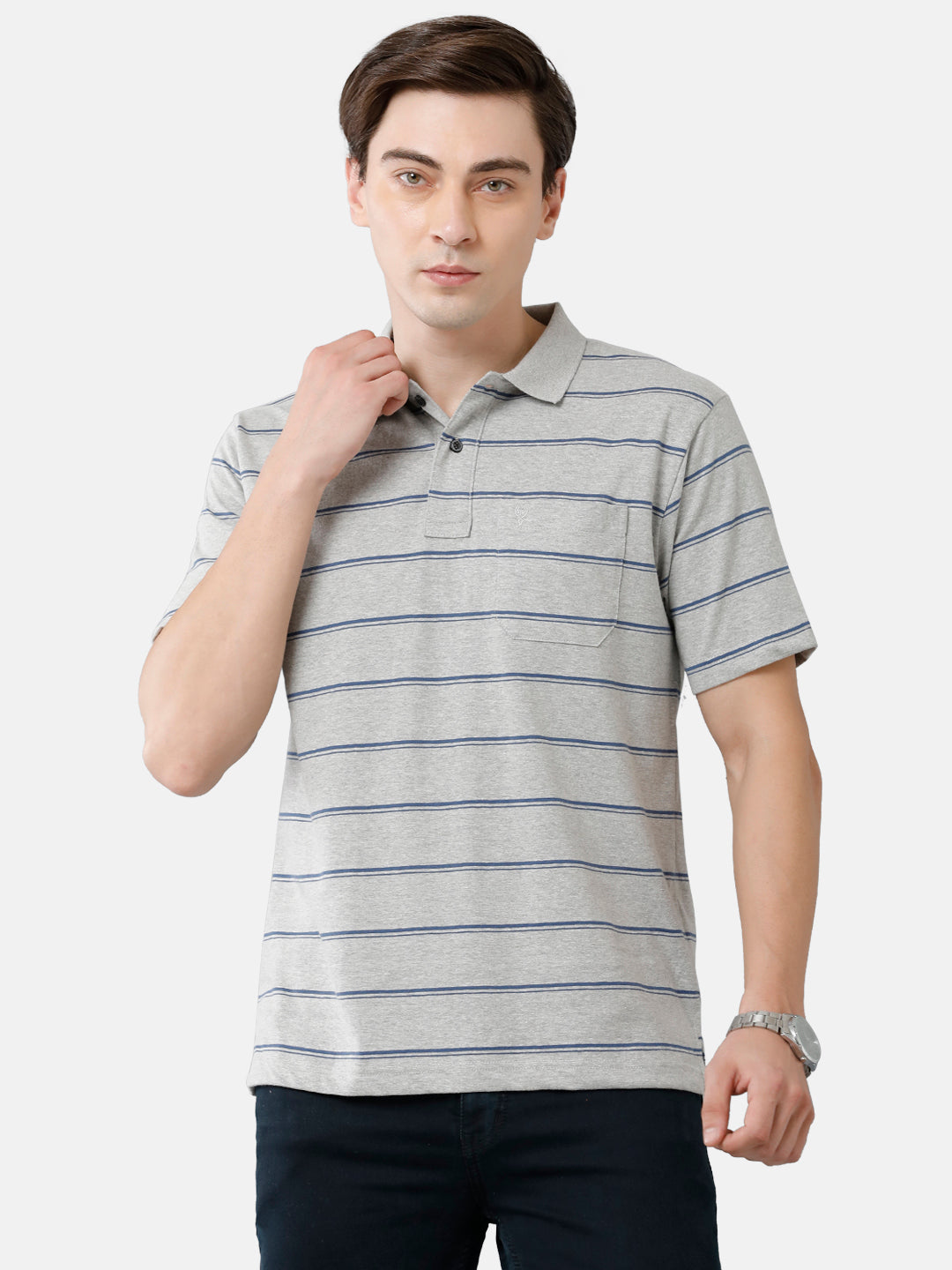 Classic Polo Mens Cotton Blend Striped Authentic Fit Polo Neck Grey Color T-Shirt | Avon 479 A
