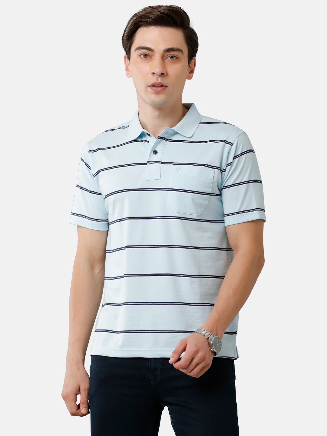 Classic Polo Mens Cotton Blend Striped Authentic Fit Polo Neck Sky Blue Color T-Shirt | Avon 476 B