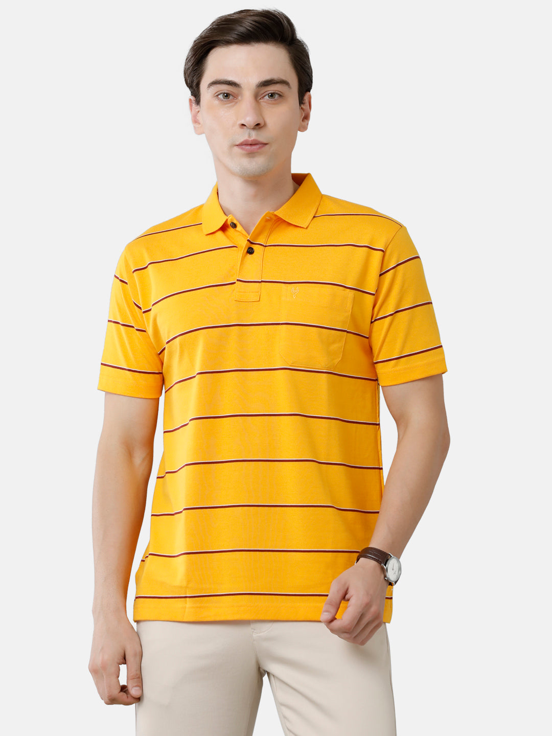 Classic Polo Mens Cotton Blend Striped Authentic Fit Polo Neck Yellow Color T-Shirt | Avon 506 A