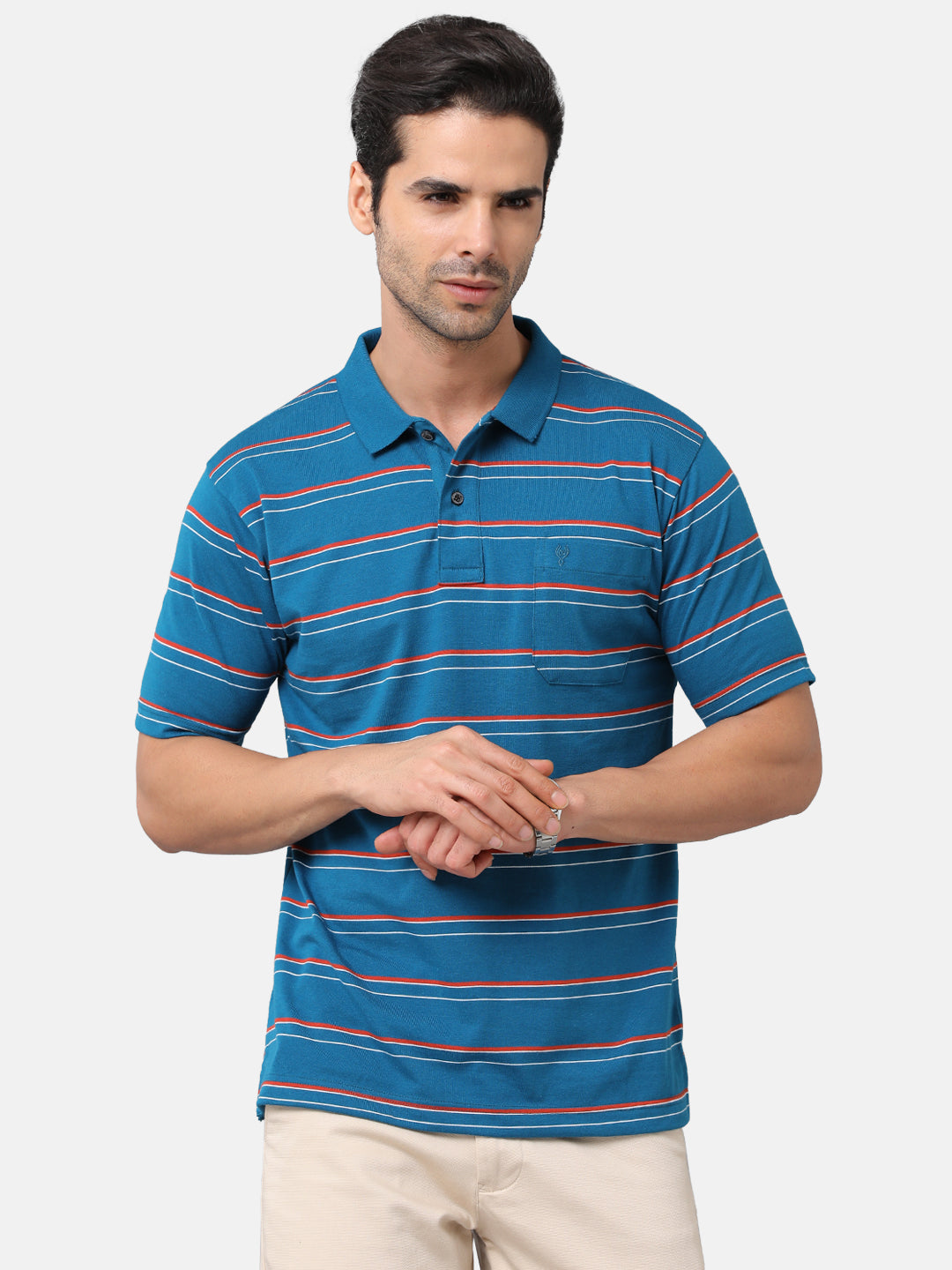 Classic Polo Mens Cotton Blend Striped Authentic Fit Polo Neck Blue Color T-Shirt | Avon 484b