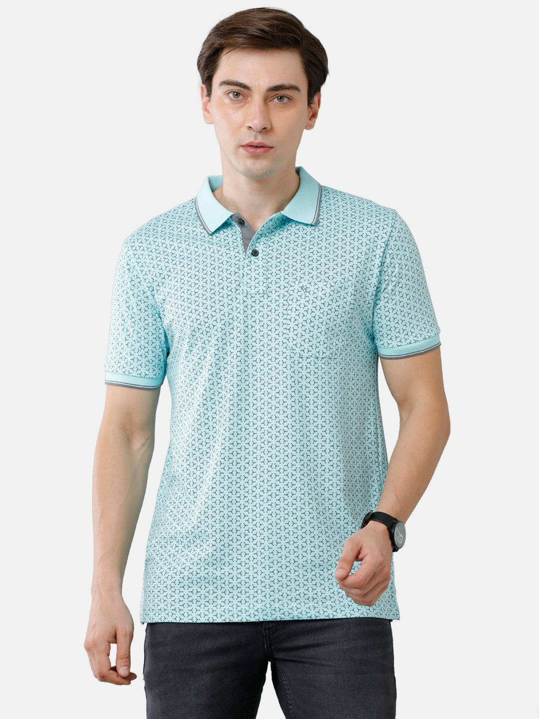 Classic Polo Mens Cotton Printed Slim Fit Polo Neck Sky Blue Color T-Shirt | Bello 173 A