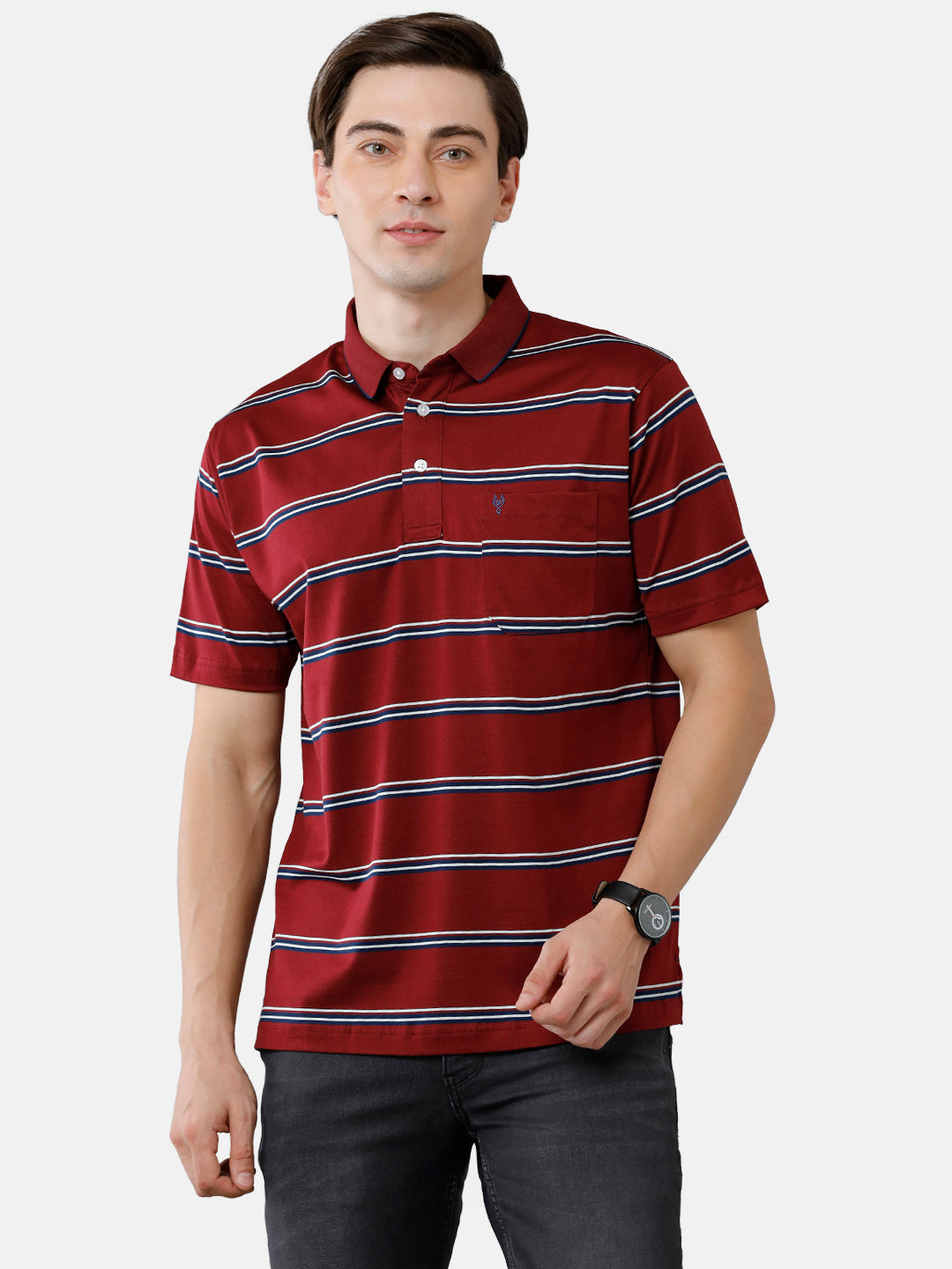 Classic Polo Mens Cotton Striped Authentic Fit Polo Neck Maroon Color T-Shirt | Ultimo 277 B