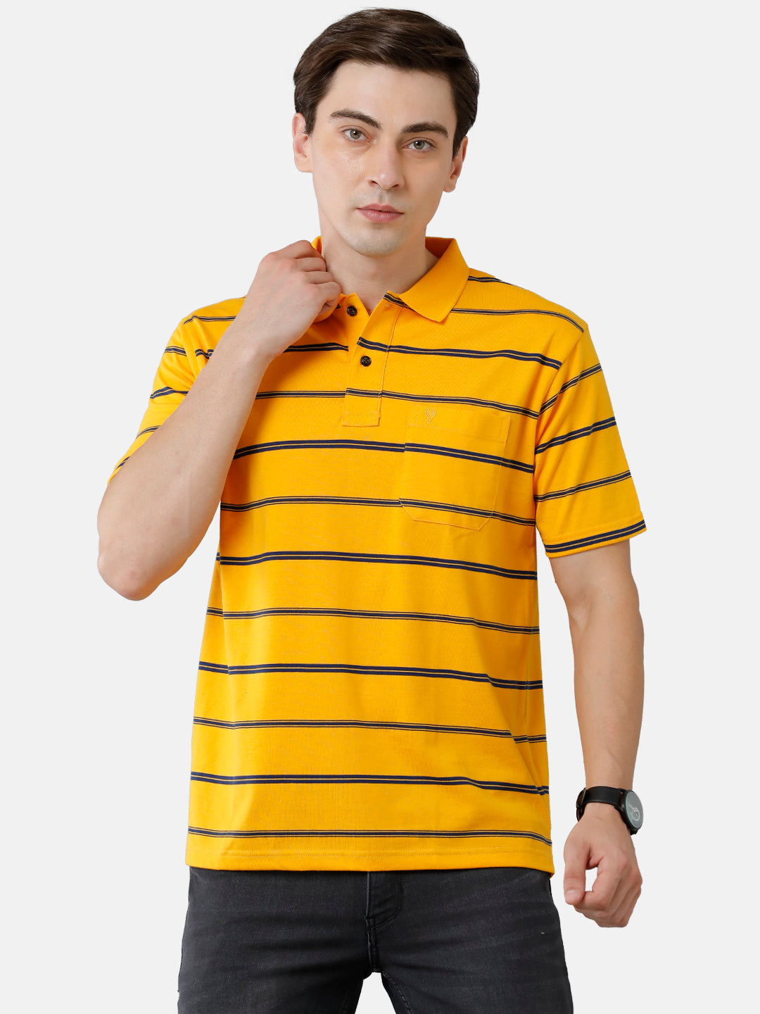 Classic Polo Mens Cotton Blend Striped Authentic Fit Polo Neck Yellow Color T-Shirt | Avon 507 B