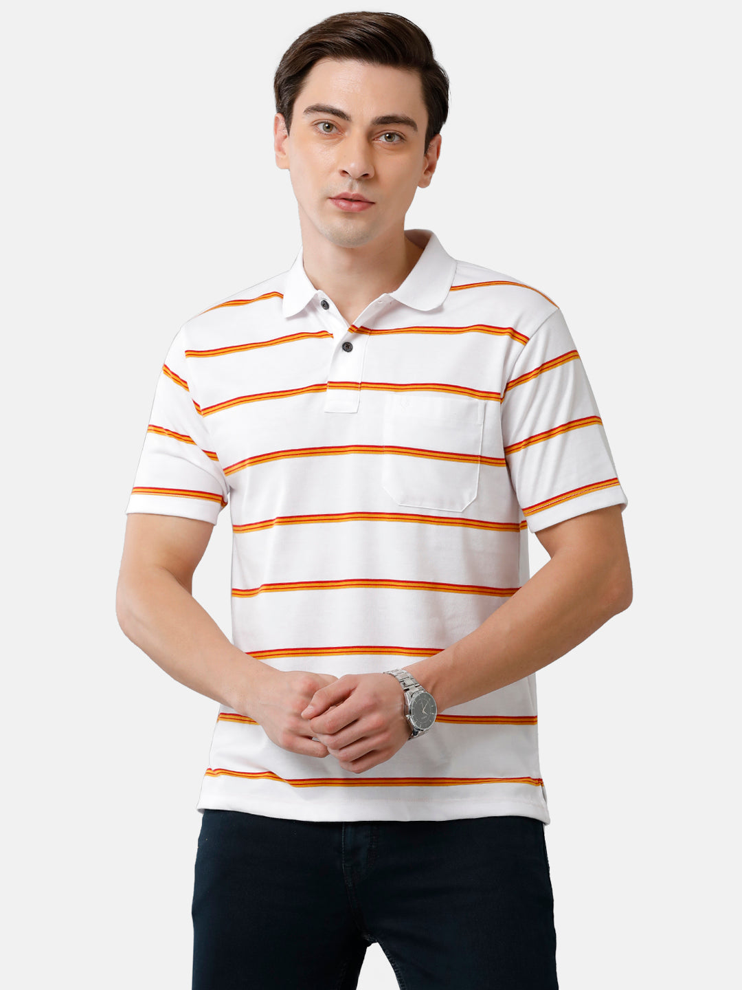 Classic Polo Mens Cotton Blend Striped Authentic Fit Polo Neck White Color T-Shirt | Avon 476 A
