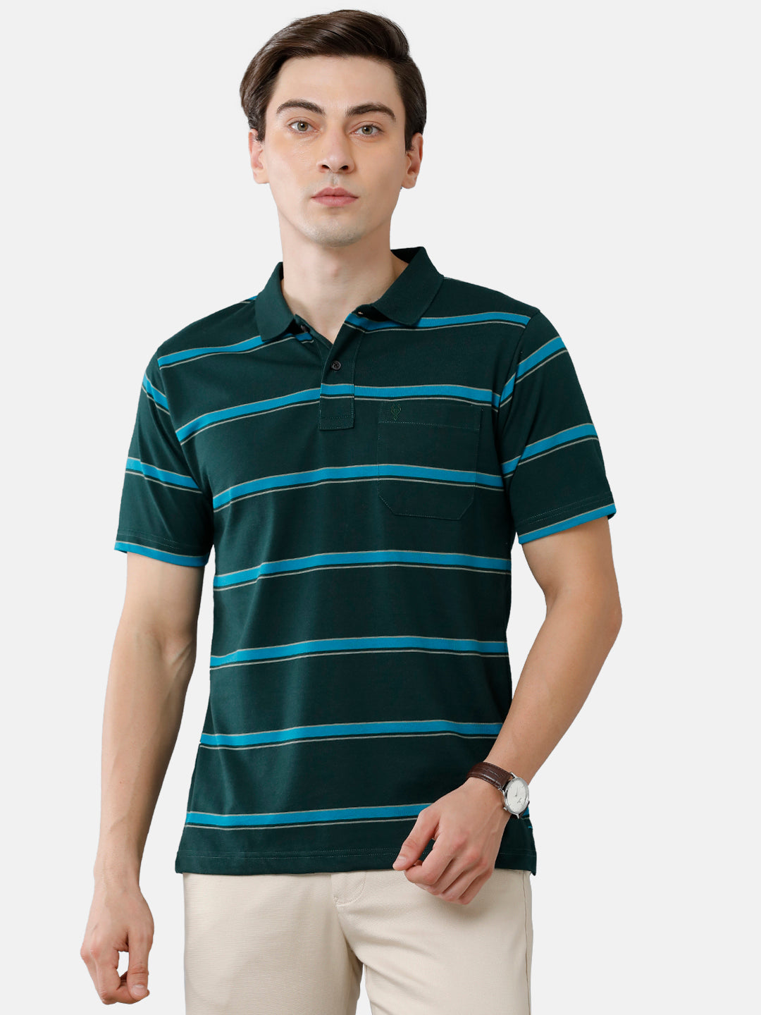 Classic Polo Mens Cotton Blend Half Sleeve Striped Authentic Fit Polo Neck Dark Green Color T-Shirt | Avon 485 B