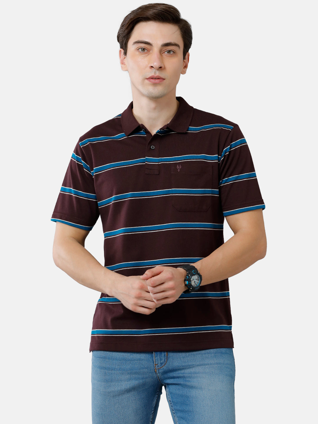 Classic Polo Mens Cotton Blend Half Sleeve Striped Authentic Fit Polo Neck Brown Color T-Shirt | Avon 485 A