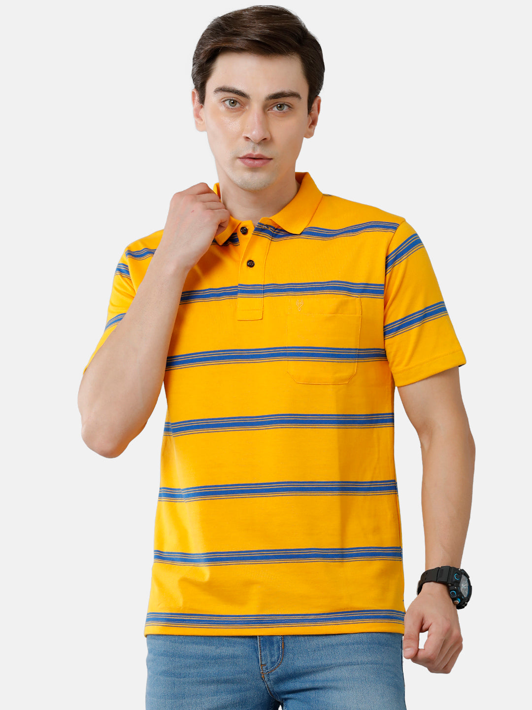 Classic Polo Mens Cotton Blend Half Sleeve Striped Authentic Fit Polo Neck Yellow Color T-Shirt | Avon 508 A