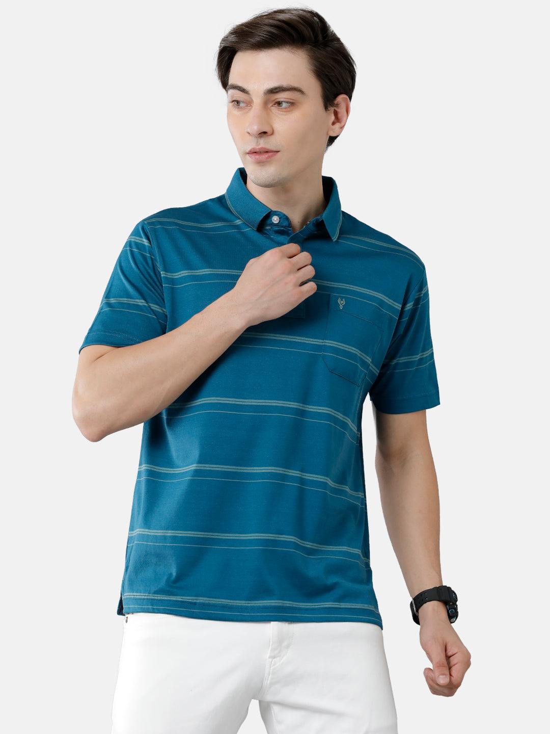 Classic Polo Mens Cotton Striped Authentic Fit Polo Neck Azure Blue Color T-Shirt | Ultimo 278 B