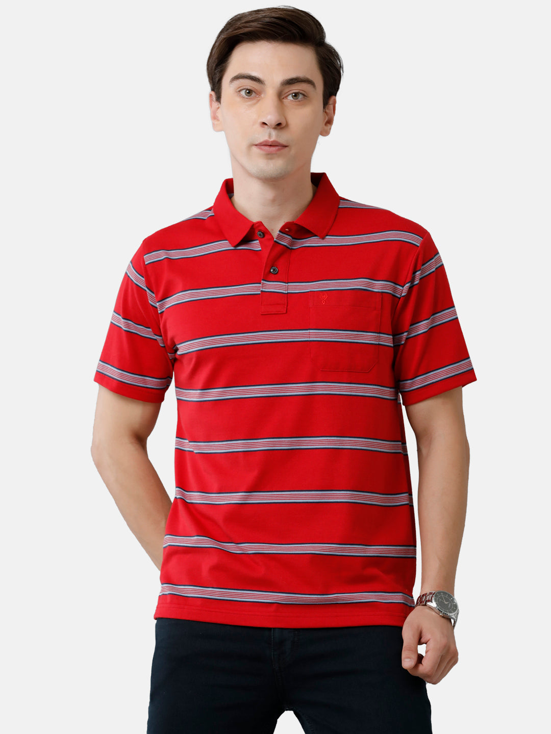 Classic Polo Mens Cotton Blend Striped Authentic Fit Polo Neck Red Color T-Shirt | Avon 481 A