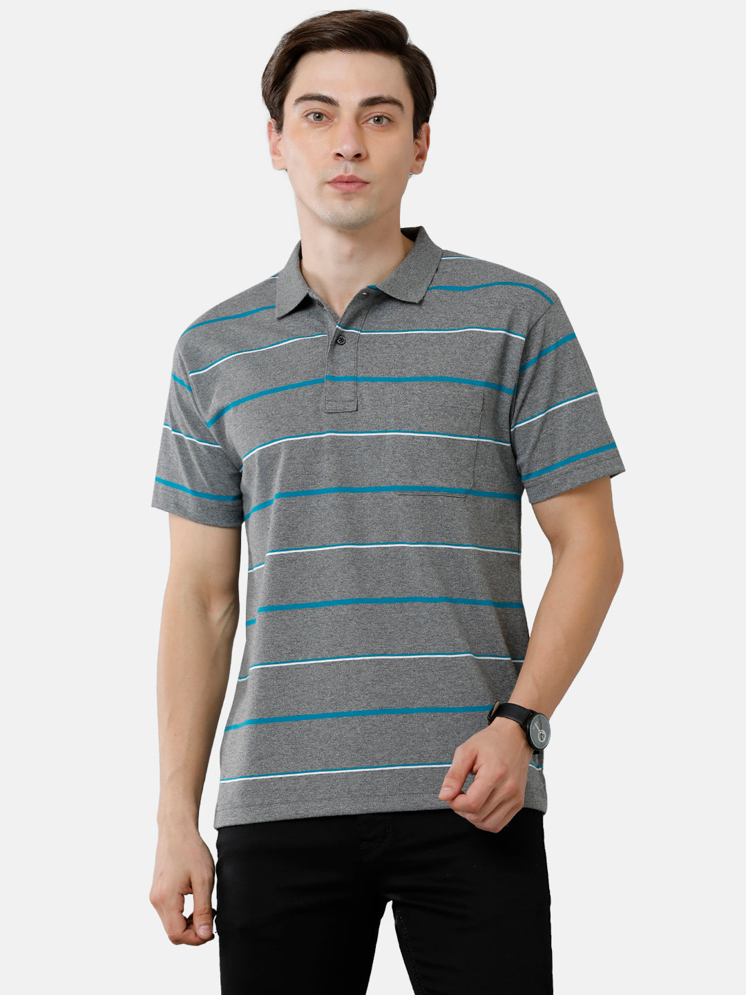 Classic Polo Mens Cotton Blend Striped Authentic Fit Polo Neck Dark Grey Color T-Shirt | Avon 483 B