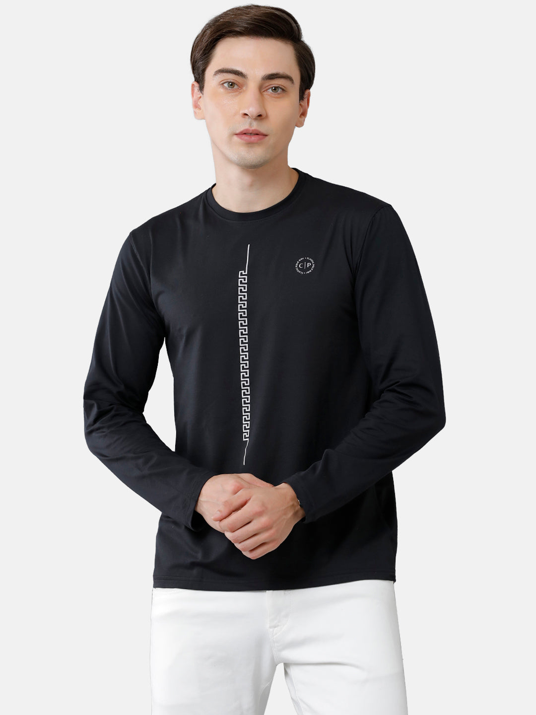 Classic Polo Mens Cotton Full Sleeve Printed Slim Fit Round Neck Black Color T-Shirt | Verno 307