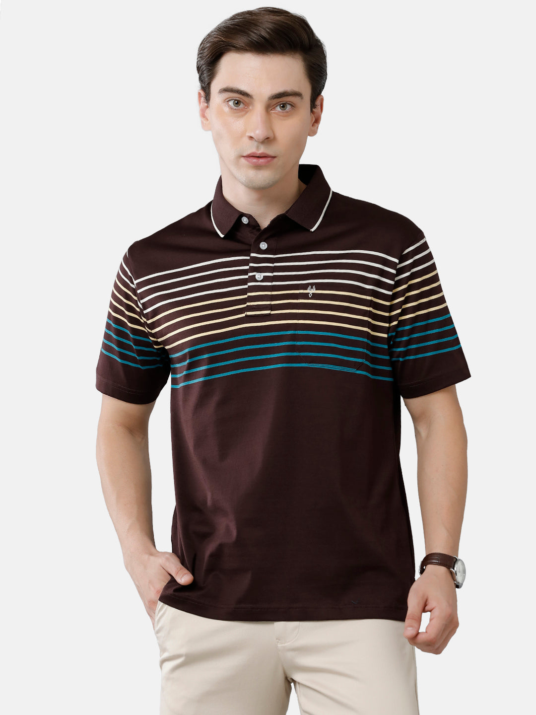 Classic Polo Mens Cotton Striped Authentic Fit Polo Neck Brown Color T-Shirt | Ultimo 275 B