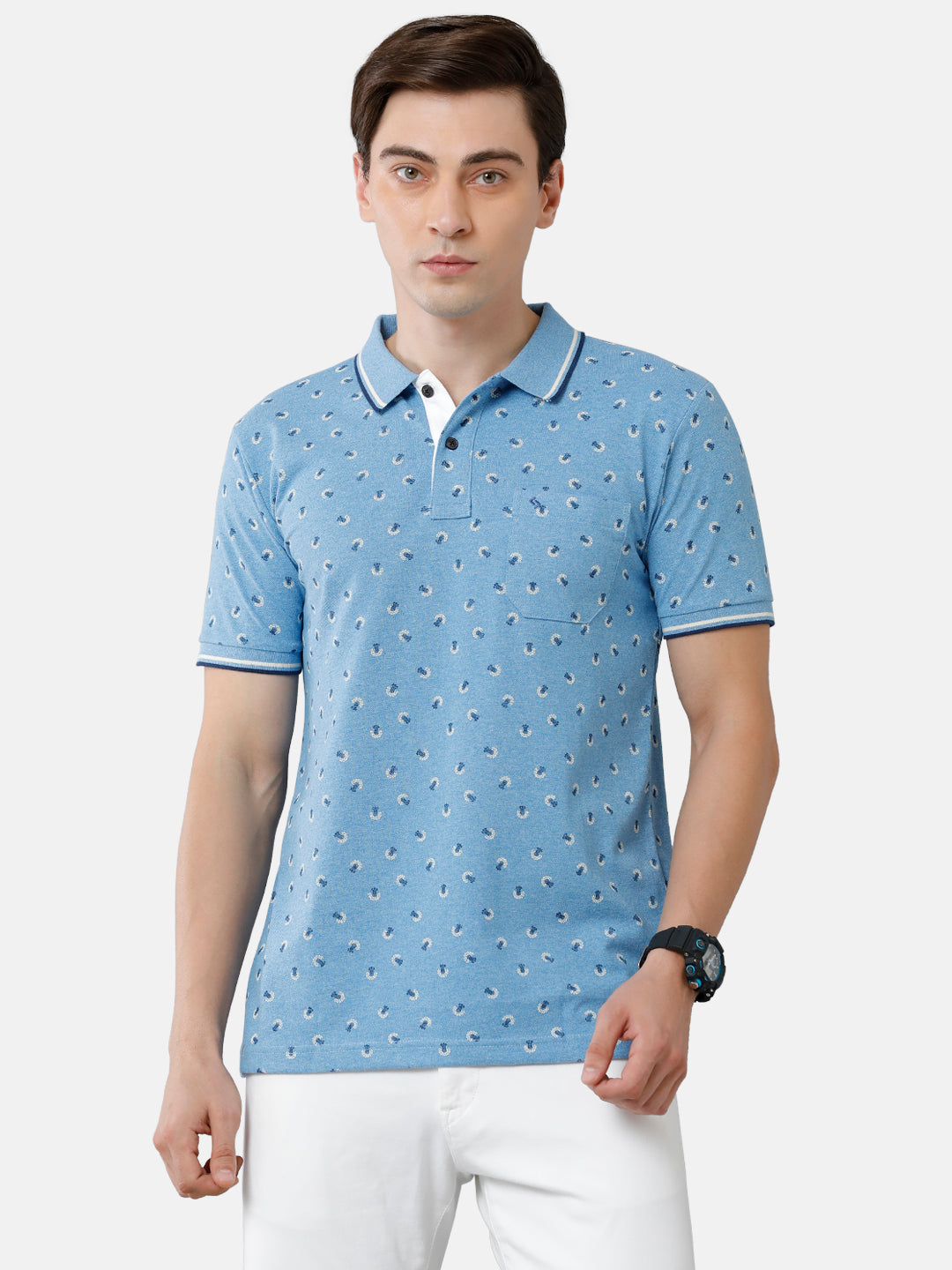 Classic Polo Mens Cotton Printed Slim Fit Polo Neck Blue Color T-Shirt | Beau 181 A