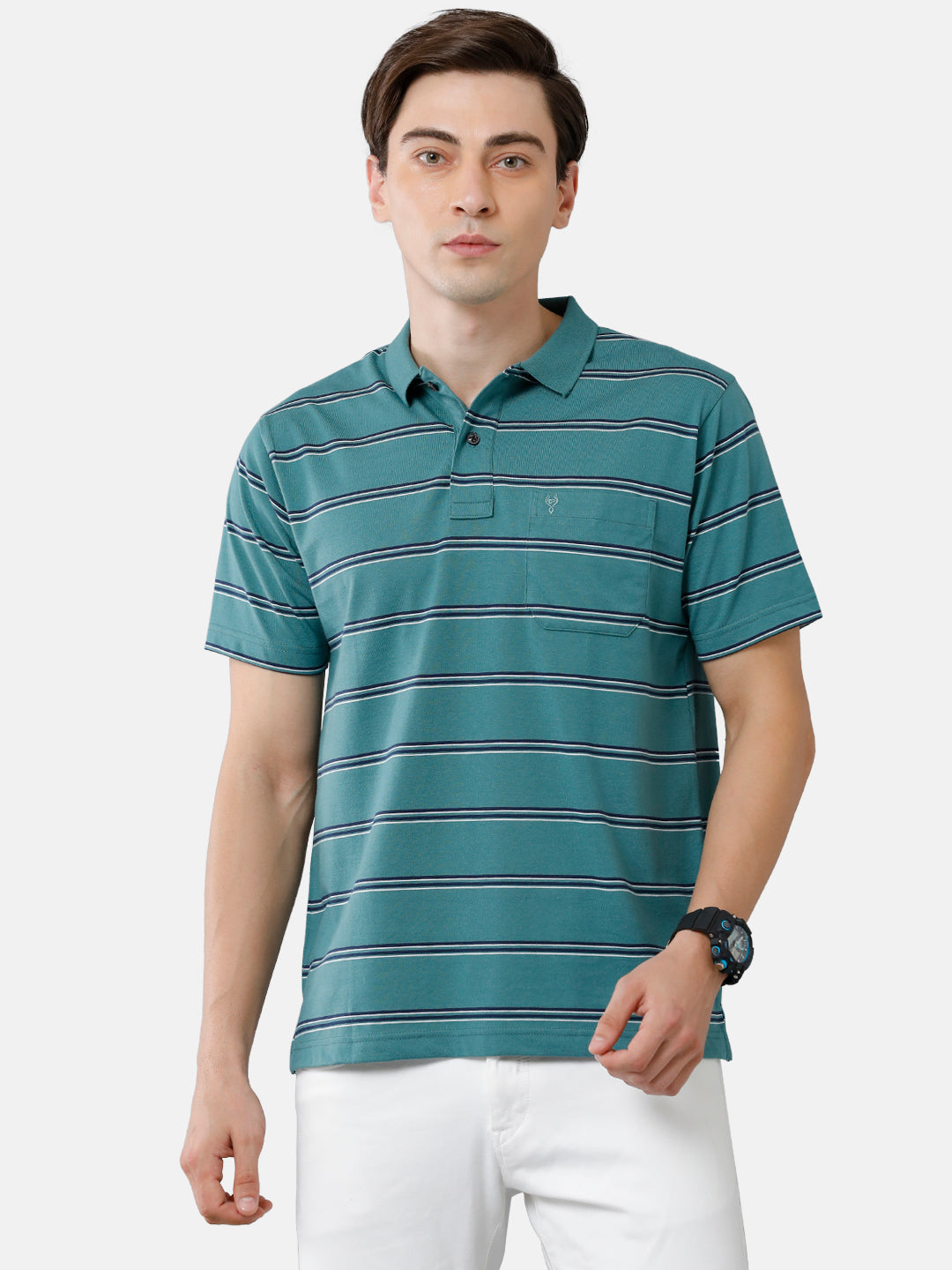 Classic Polo Mens Cotton Blend Half Sleeve Striped Authentic Fit Polo Neck Green Color T-Shirt | Avon 480 B