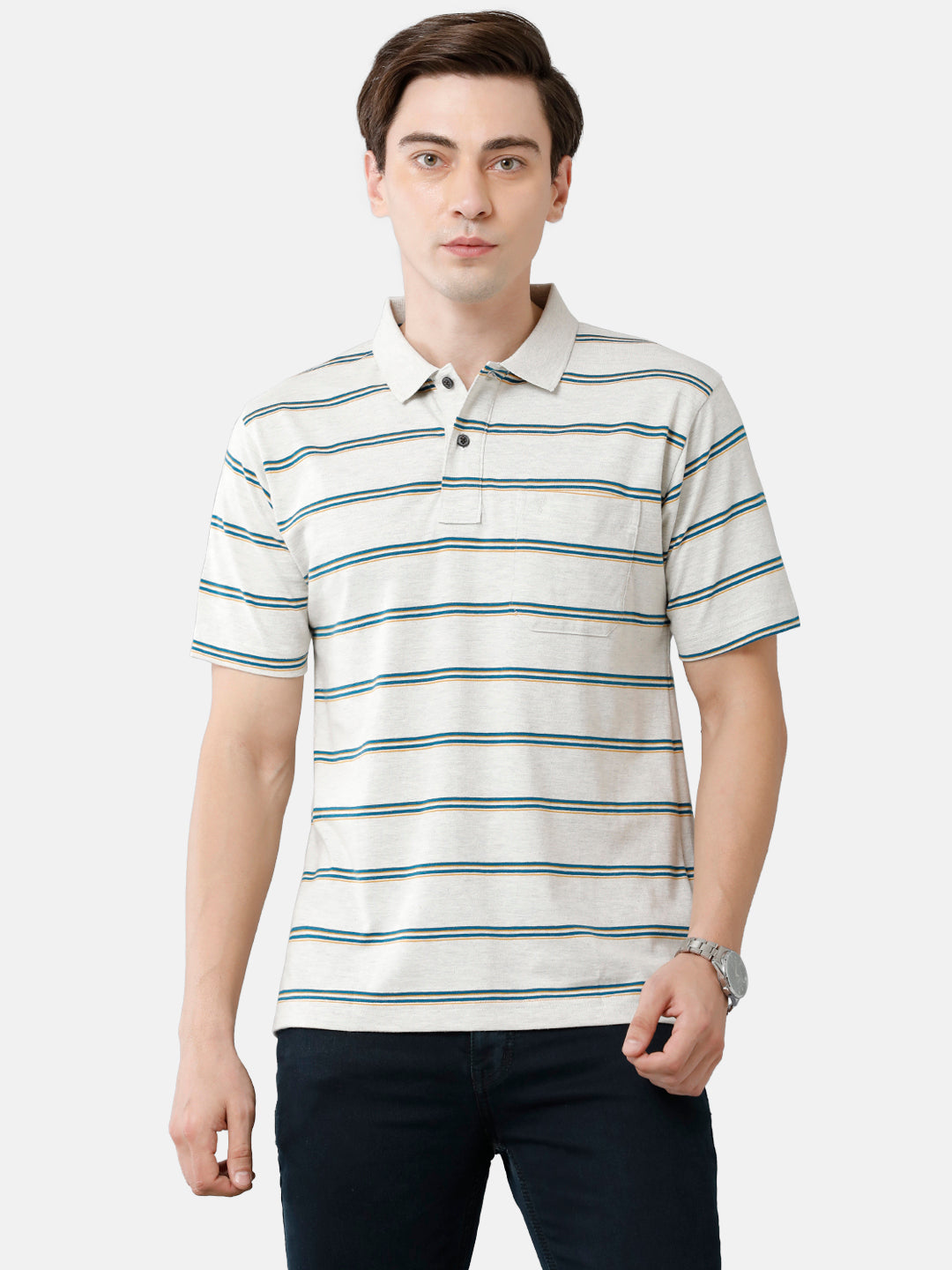 Classic Polo Mens Cotton Blend Striped Authentic Fit Polo Neck Light Grey Color T-Shirt | Avon 480 A
