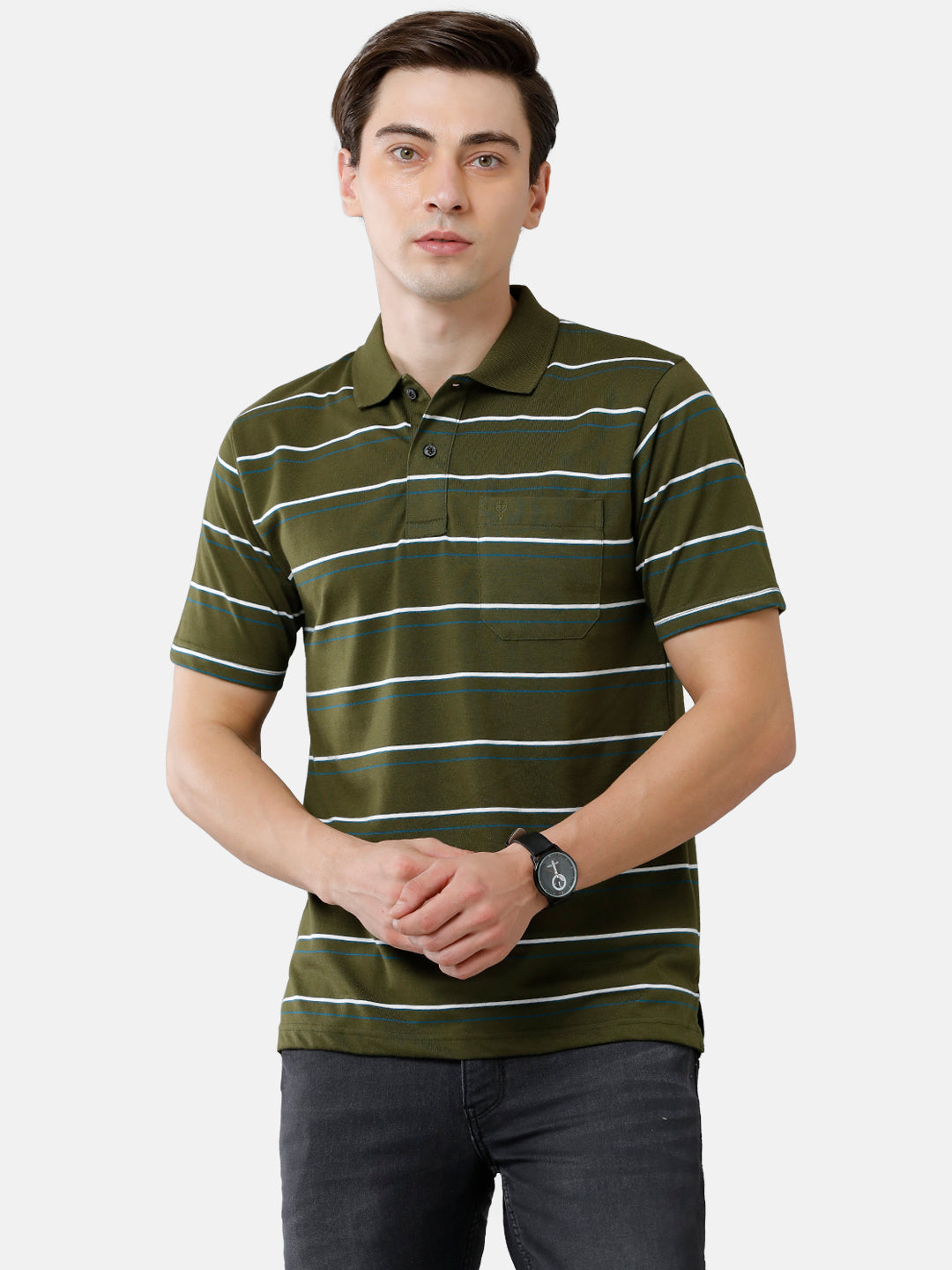 Classic Polo Mens Cotton Blend Half Sleeve Striped Authentic Fit Polo Neck Olive Green Color T-Shirt | Avon 484 A