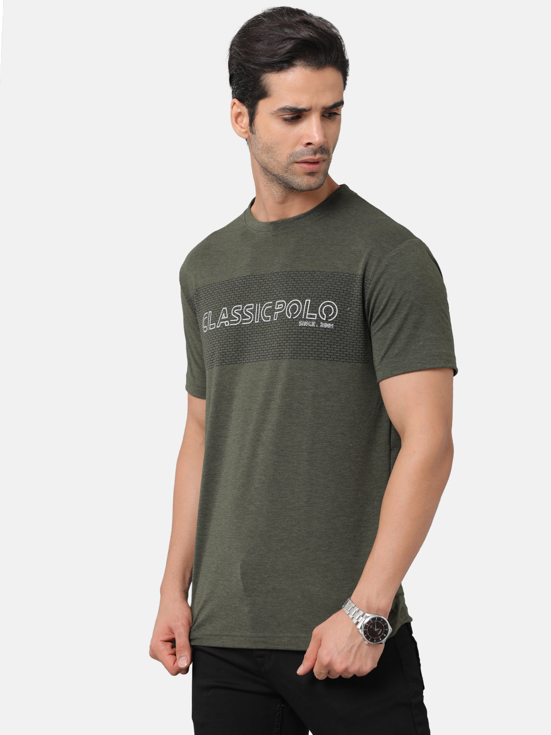 Classic Polo Mens Cotton Chest Print Slim Fit Round Neck Green Color T-Shirt | Baleno 483
