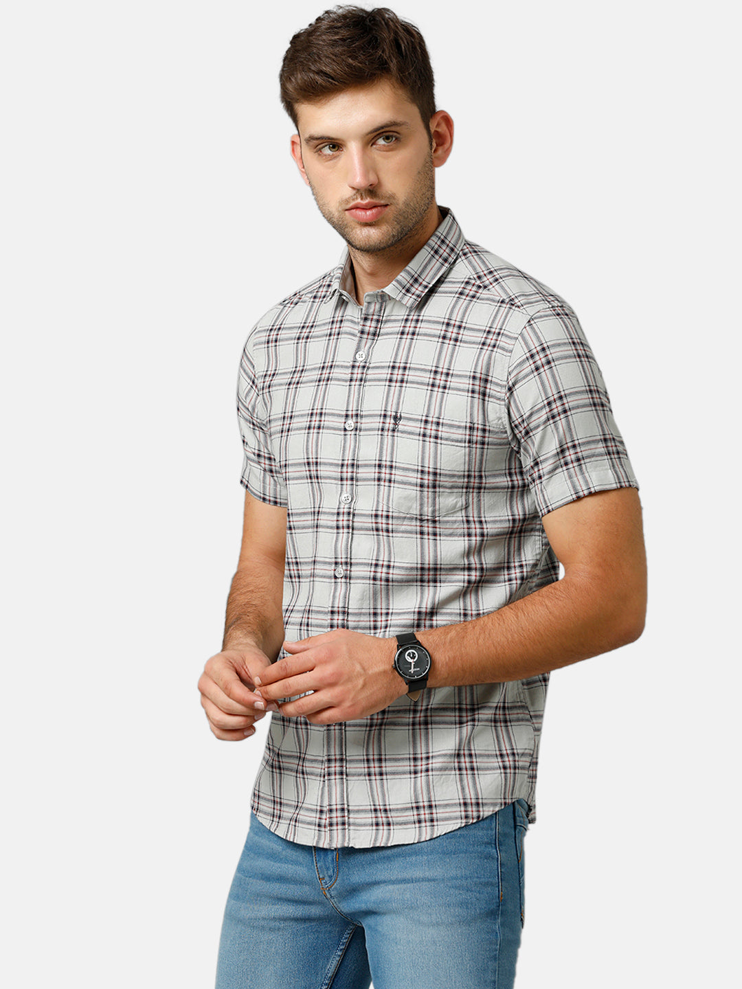Classic Polo Mens Cotton Half Sleeve Checked Slim Fit Polo Neck Light Green Color Woven Shirt | SN1 134 B