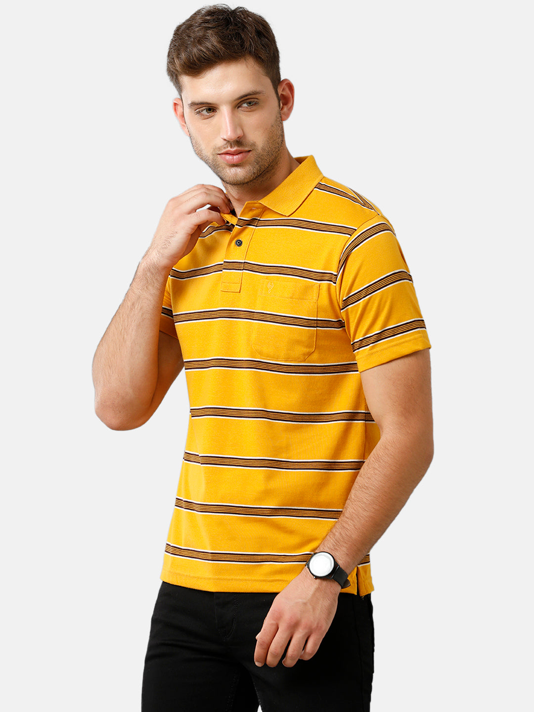 Classic Polo Mens Cotton Blend Half Sleeve Striped Authentic Fit Polo Neck Yellow Color T-Shirt | Avon 481 B