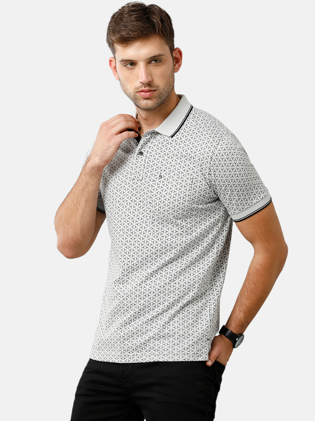 Classic Polo Mens Cotton Half Sleeve Printed Slim Fit Polo Neck Light Grey Color T-Shirt | Bello 173 B