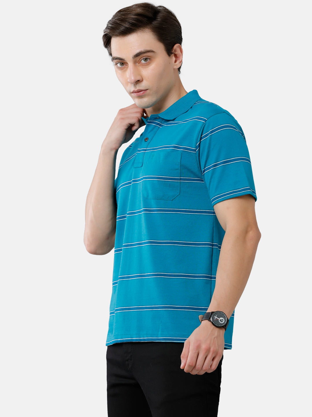 Classic Polo Mens Cotton Blend Striped Authentic Fit Polo Neck Blue Color T-Shirt | Avon 482 A