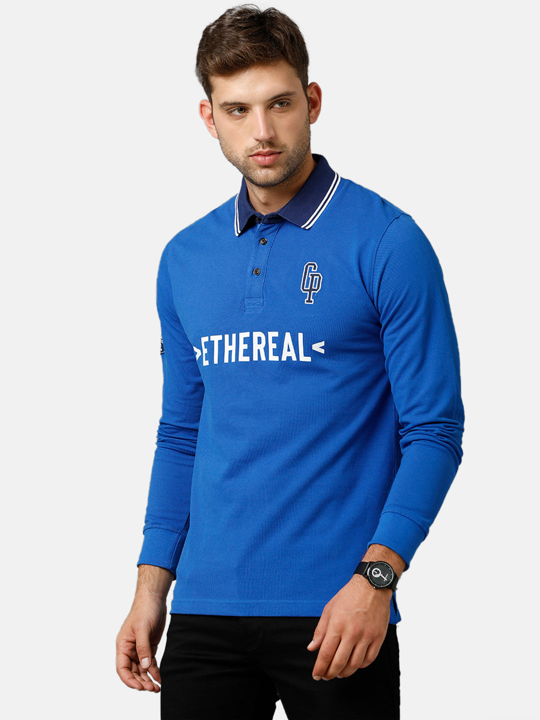Classic Polo Mens Cotton Full Sleeve Printed Slim Fit Polo Neck Blue Color T-Shirt | Verno 254 B R
