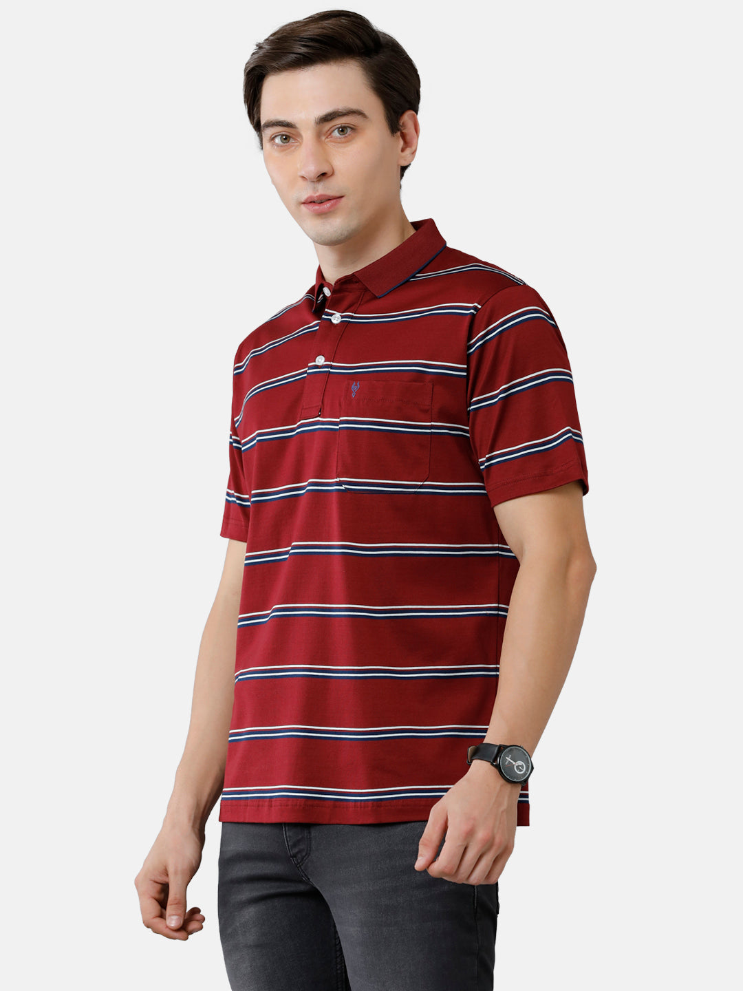 Classic Polo Mens Cotton Striped Authentic Fit Polo Neck Maroon Color T-Shirt | Ultimo 277 B