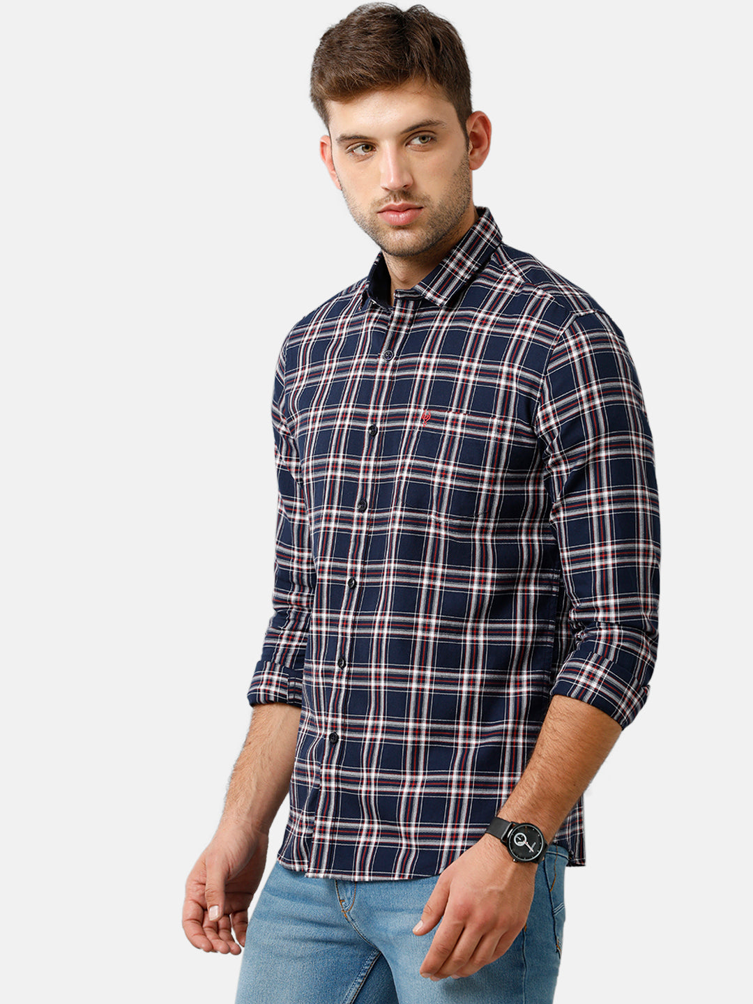 Classic Polo Mens Cotton Full Sleeve Checked Slim Fit Polo Neck Blue Color Woven Shirt | SN1 134 A
