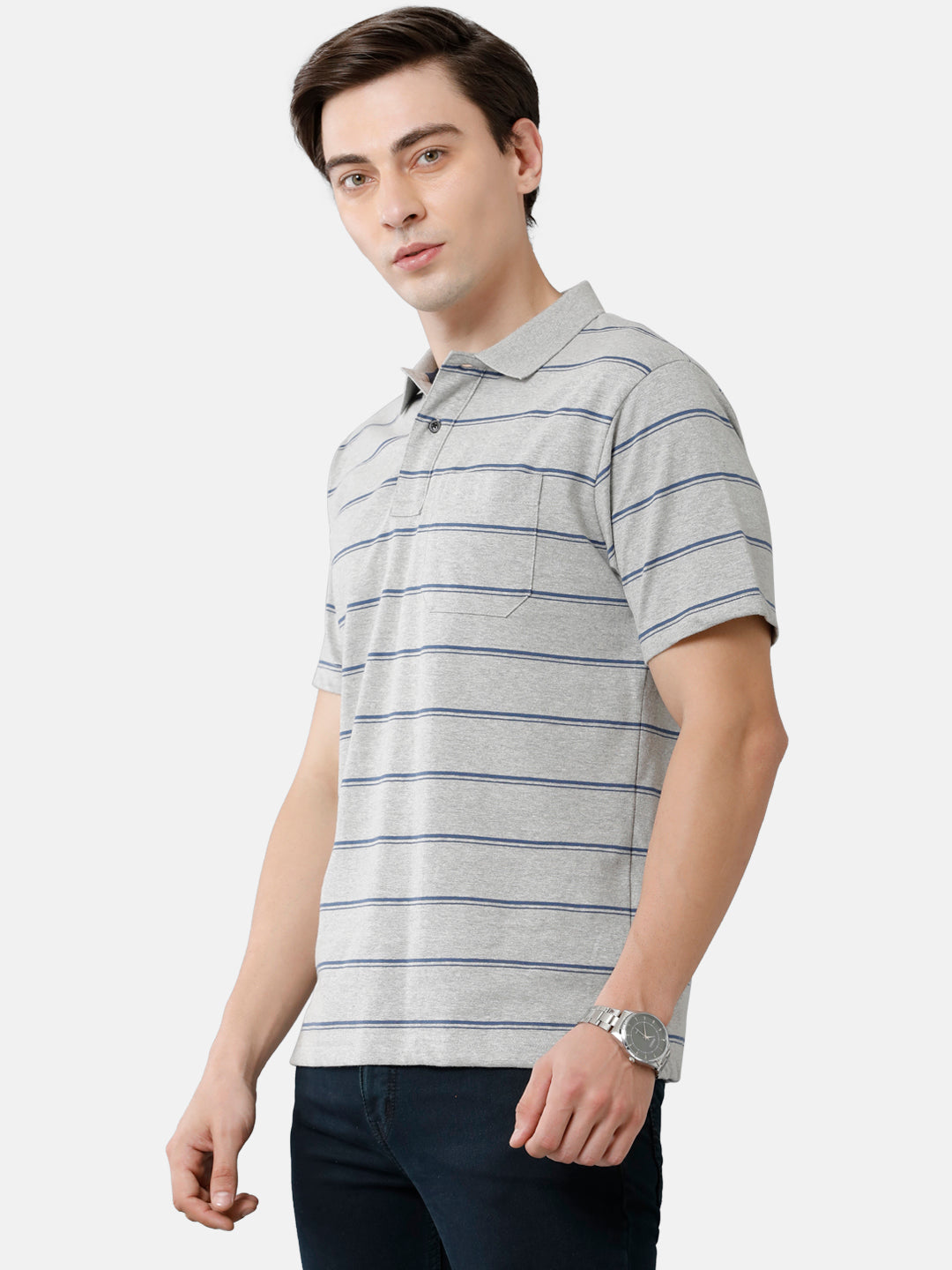 Classic Polo Mens Cotton Blend Striped Authentic Fit Polo Neck Grey Color T-Shirt | Avon 479 A