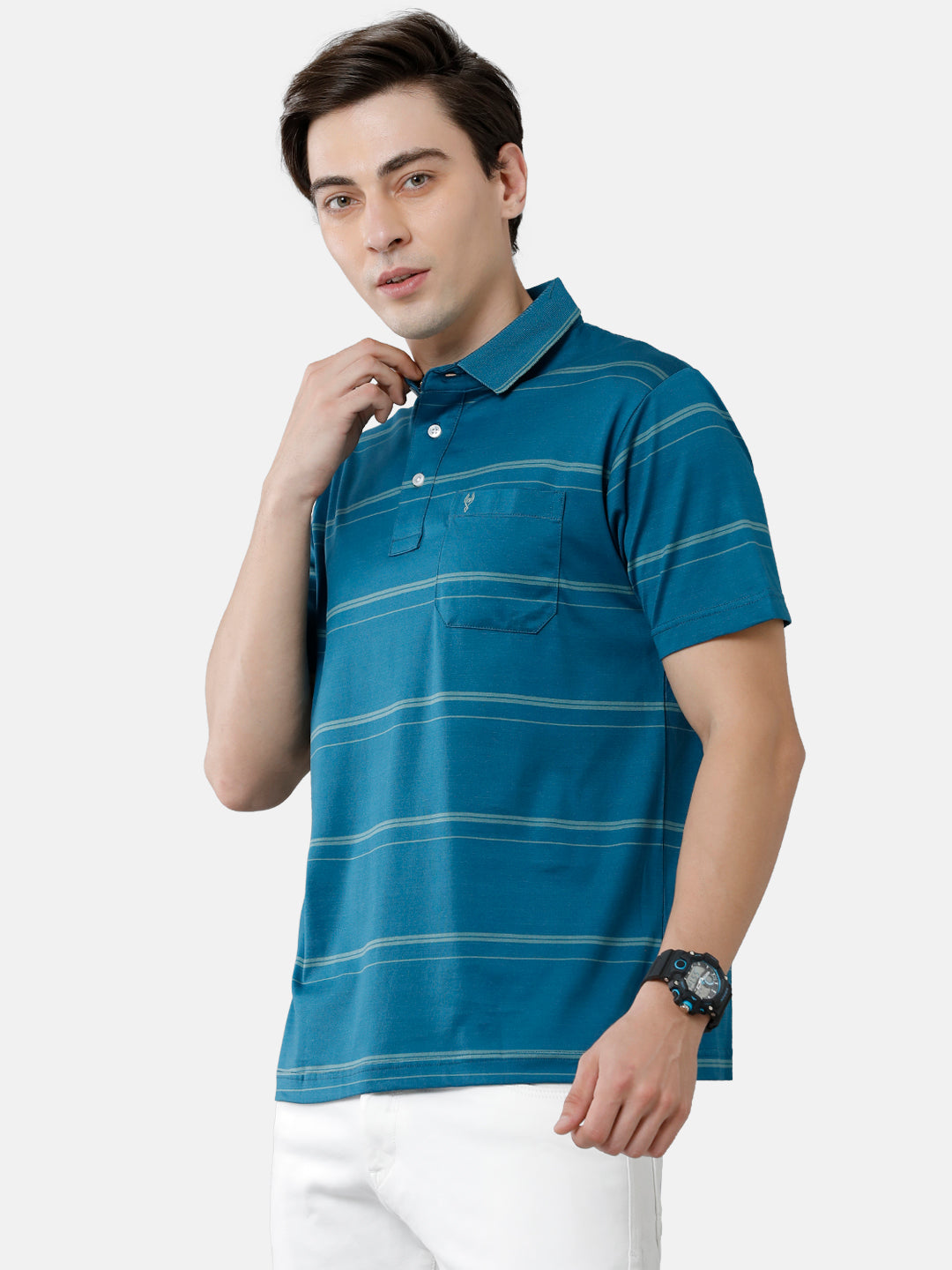 Classic Polo Mens Cotton Striped Authentic Fit Polo Neck Azure Blue Color T-Shirt | Ultimo 278 B