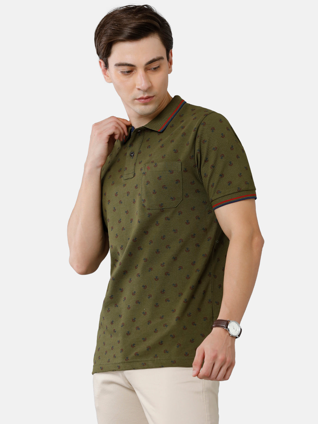 Classic Polo Mens Cotton Printed Slim Fit Polo Neck Olive Green Color T-Shirt | Beau 181 B