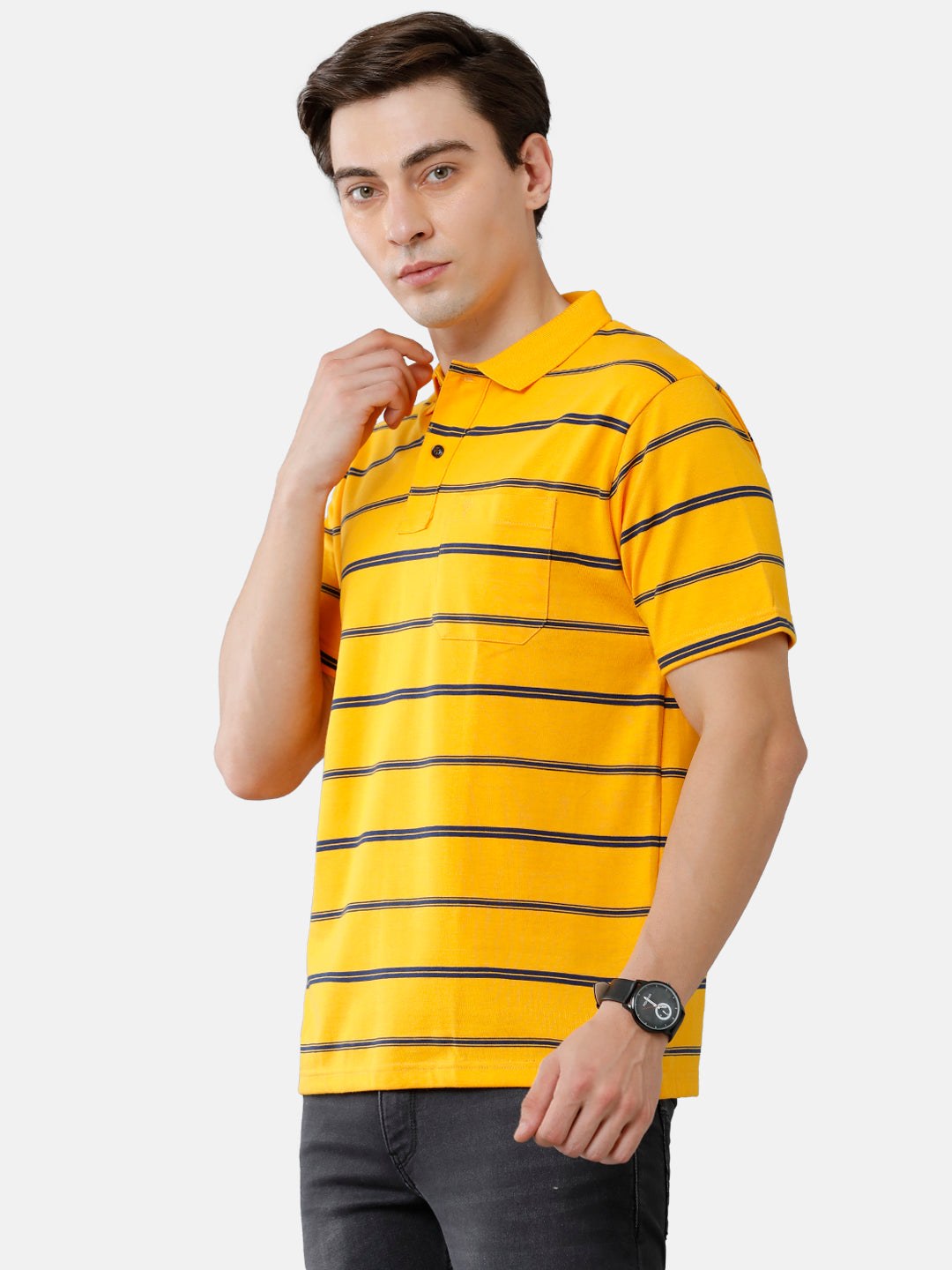 Classic Polo Mens Cotton Blend Striped Authentic Fit Polo Neck Yellow Color T-Shirt | Avon 507 B