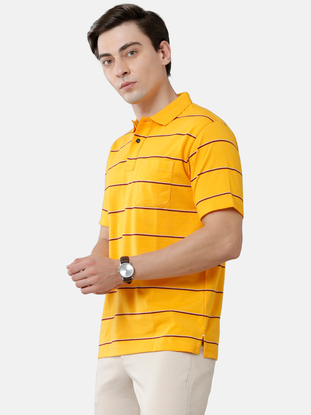 Classic Polo Mens Cotton Blend Striped Authentic Fit Polo Neck Yellow Color T-Shirt | Avon 506 A