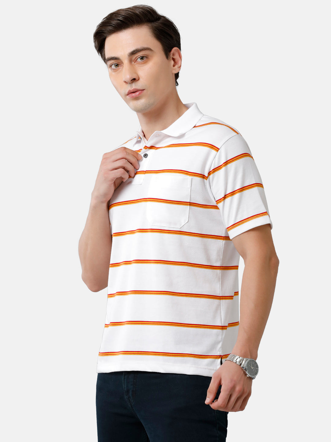 Classic Polo Mens Cotton Blend Striped Authentic Fit Polo Neck White Color T-Shirt | Avon 476 A