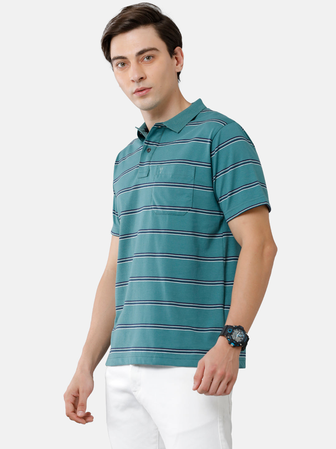 Classic Polo Mens Cotton Blend Half Sleeve Striped Authentic Fit Polo Neck Green Color T-Shirt | Avon 480 B