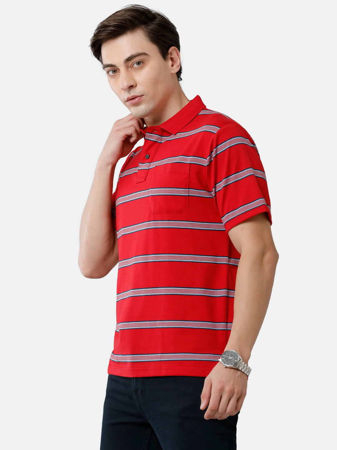 Classic Polo Mens Cotton Blend Striped Authentic Fit Polo Neck Red Color T-Shirt | Avon 481 A