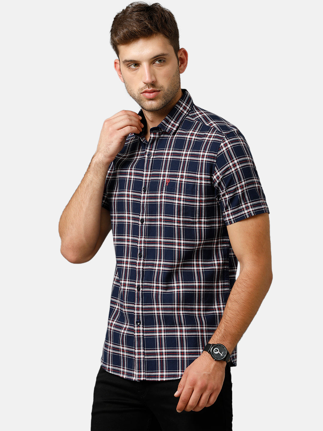 Classic Polo Mens Cotton Half Sleeve Checked Slim Fit Polo Neck Blue Color Woven Shirt | SN1 134 A