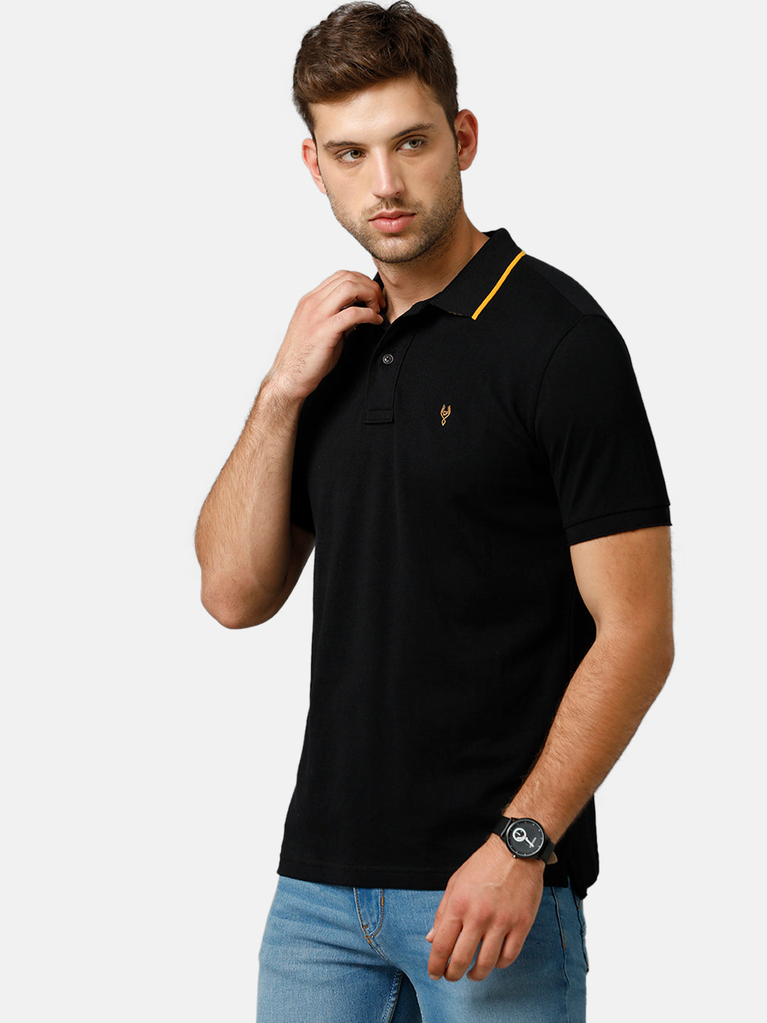 Classic Polo Mens Cotton Half Sleeve Color Block Slim Fit Polo Neck Black Color T-Shirt | Prm 685 A