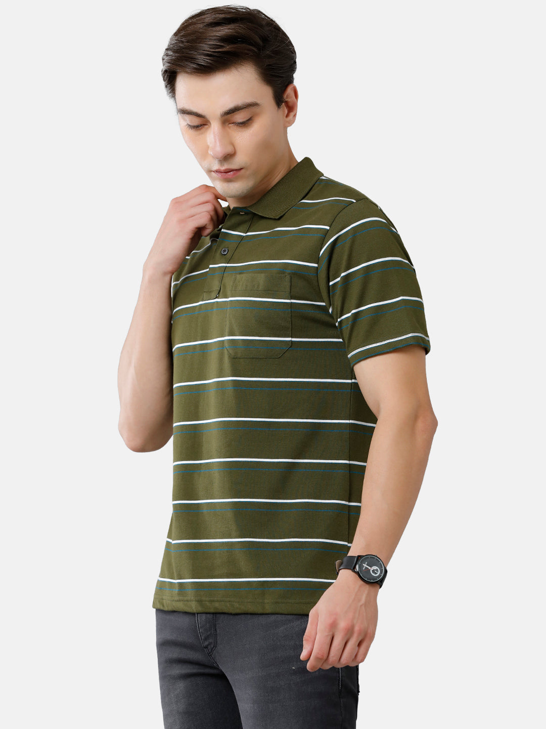 Classic Polo Mens Cotton Blend Half Sleeve Striped Authentic Fit Polo Neck Olive Green Color T-Shirt | Avon 484 A