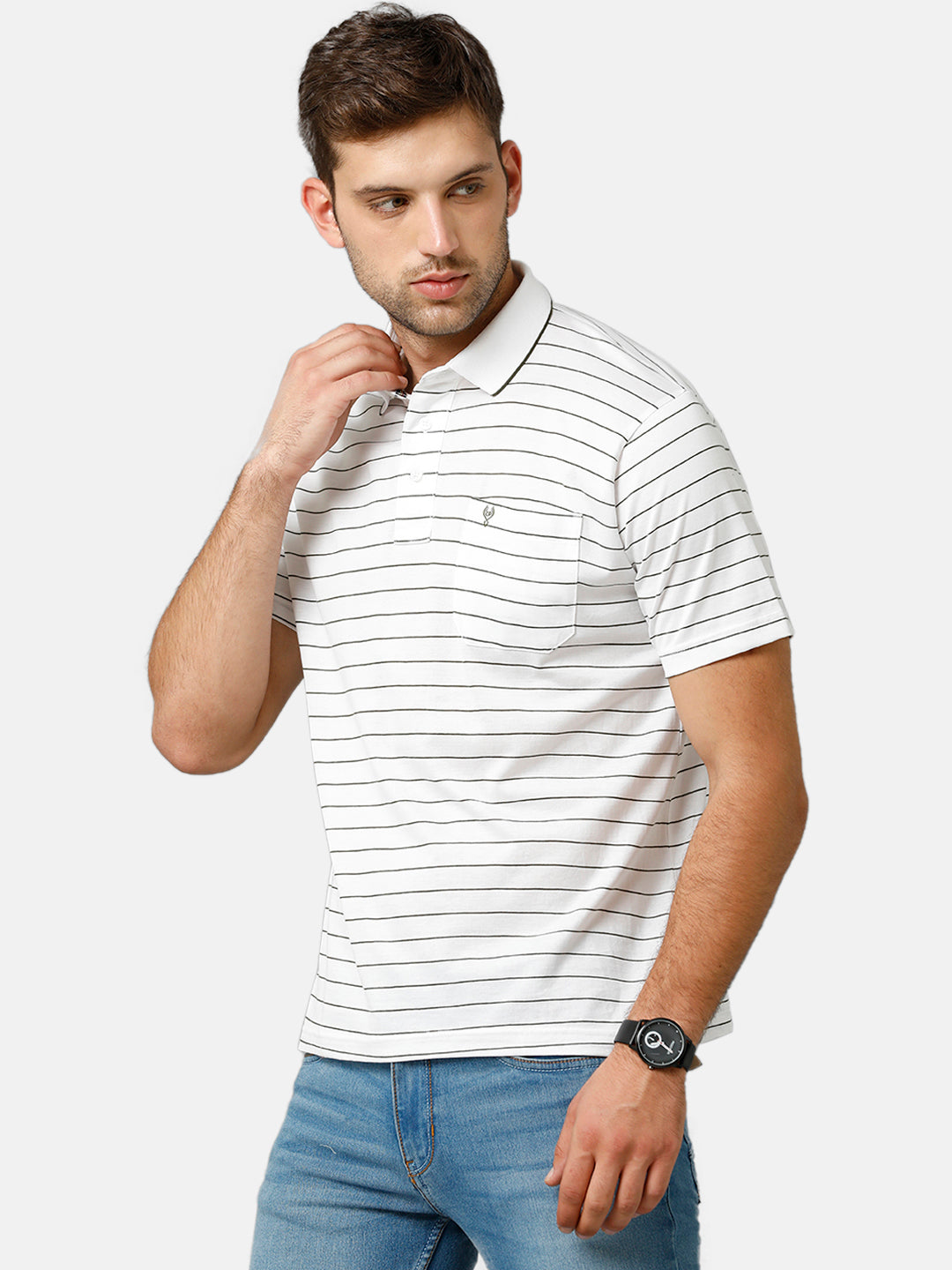 Classic Polo Mens Cotton Half Sleeve Striped Authentic Fit Polo Neck White Color T-Shirt | Ultimo 271 A