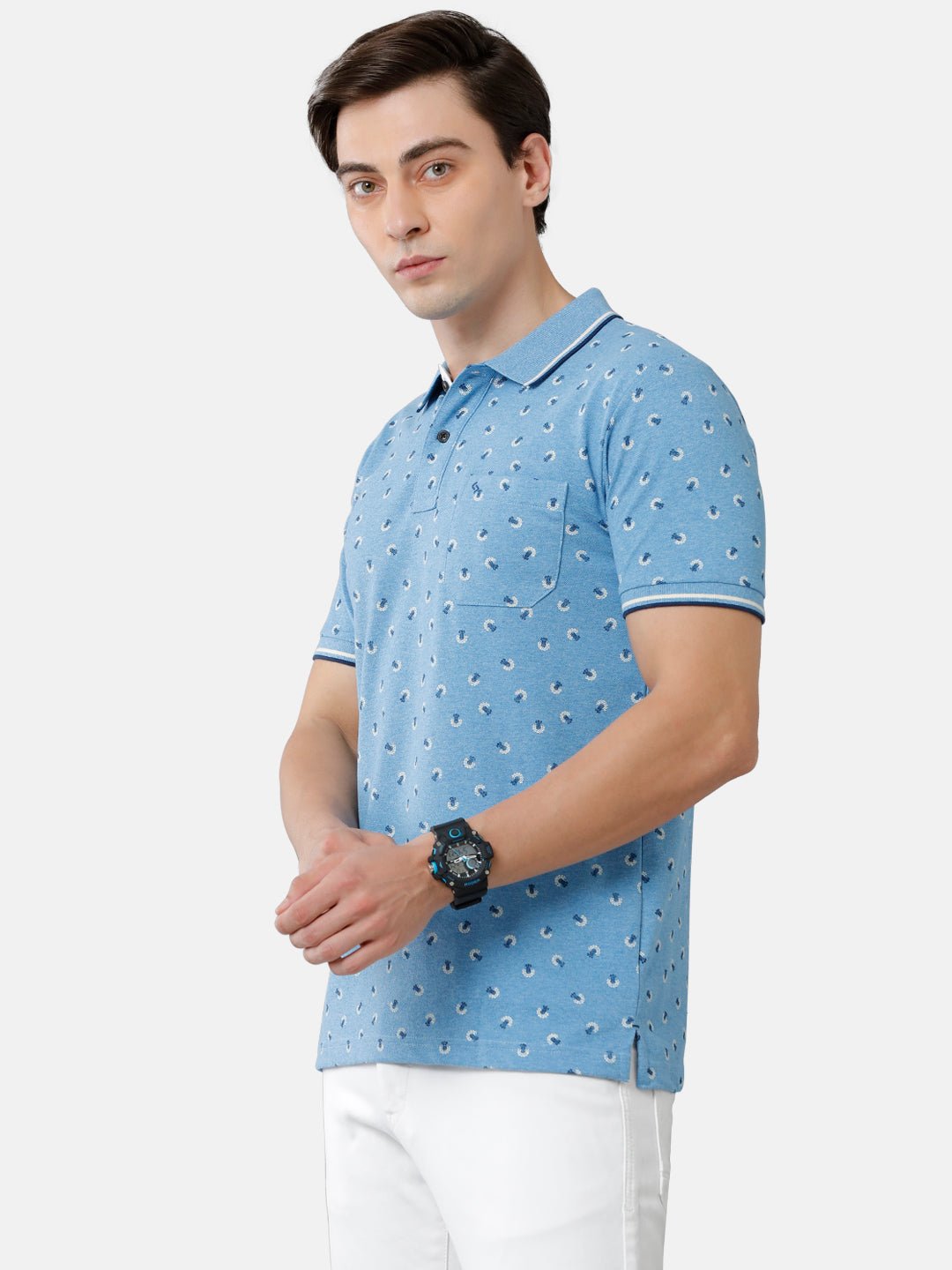 Classic Polo Mens Cotton Printed Slim Fit Polo Neck Blue Color T-Shirt | Beau 181 A