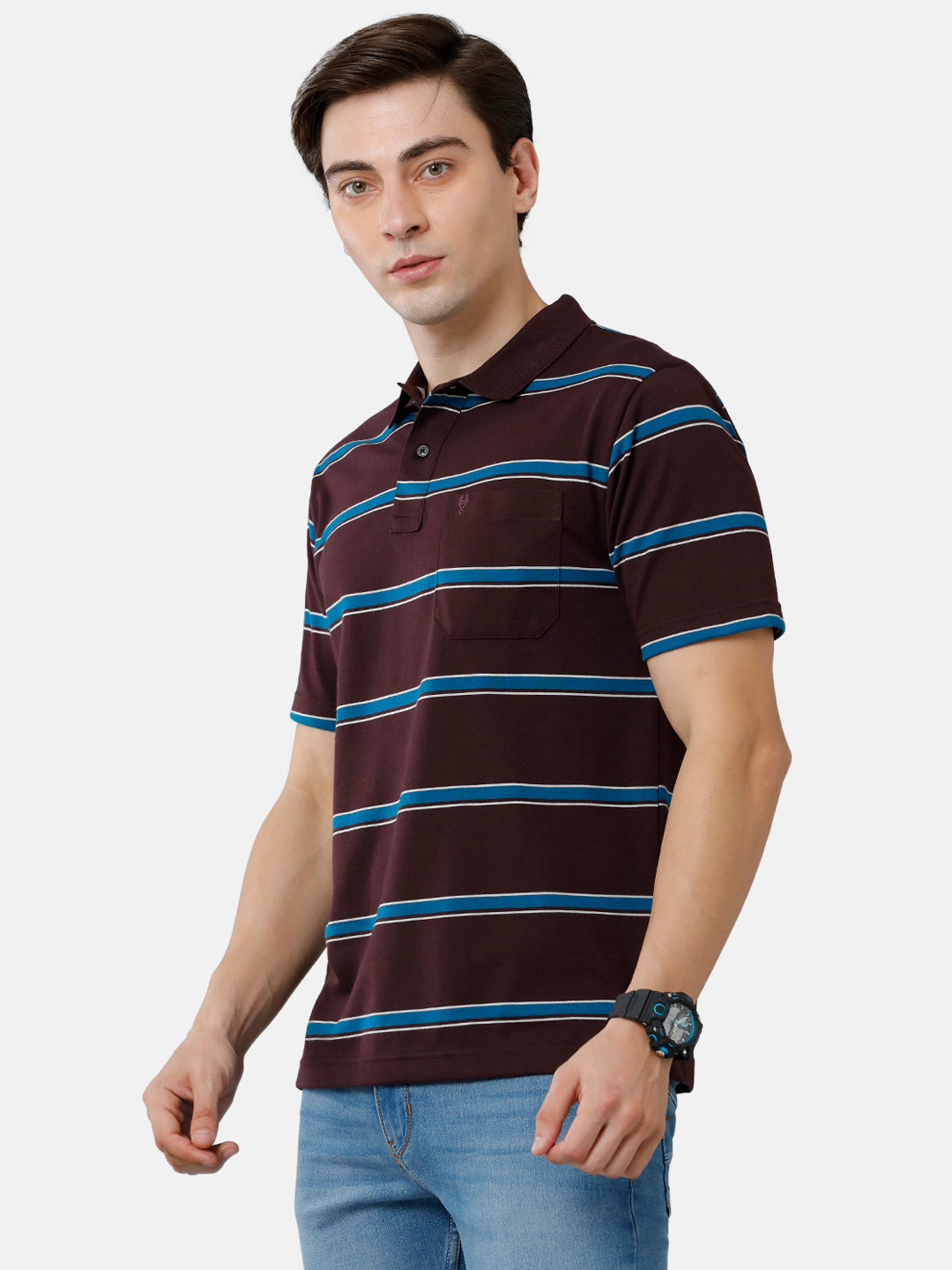 Classic Polo Mens Cotton Blend Half Sleeve Striped Authentic Fit Polo Neck Brown Color T-Shirt | Avon 485 A