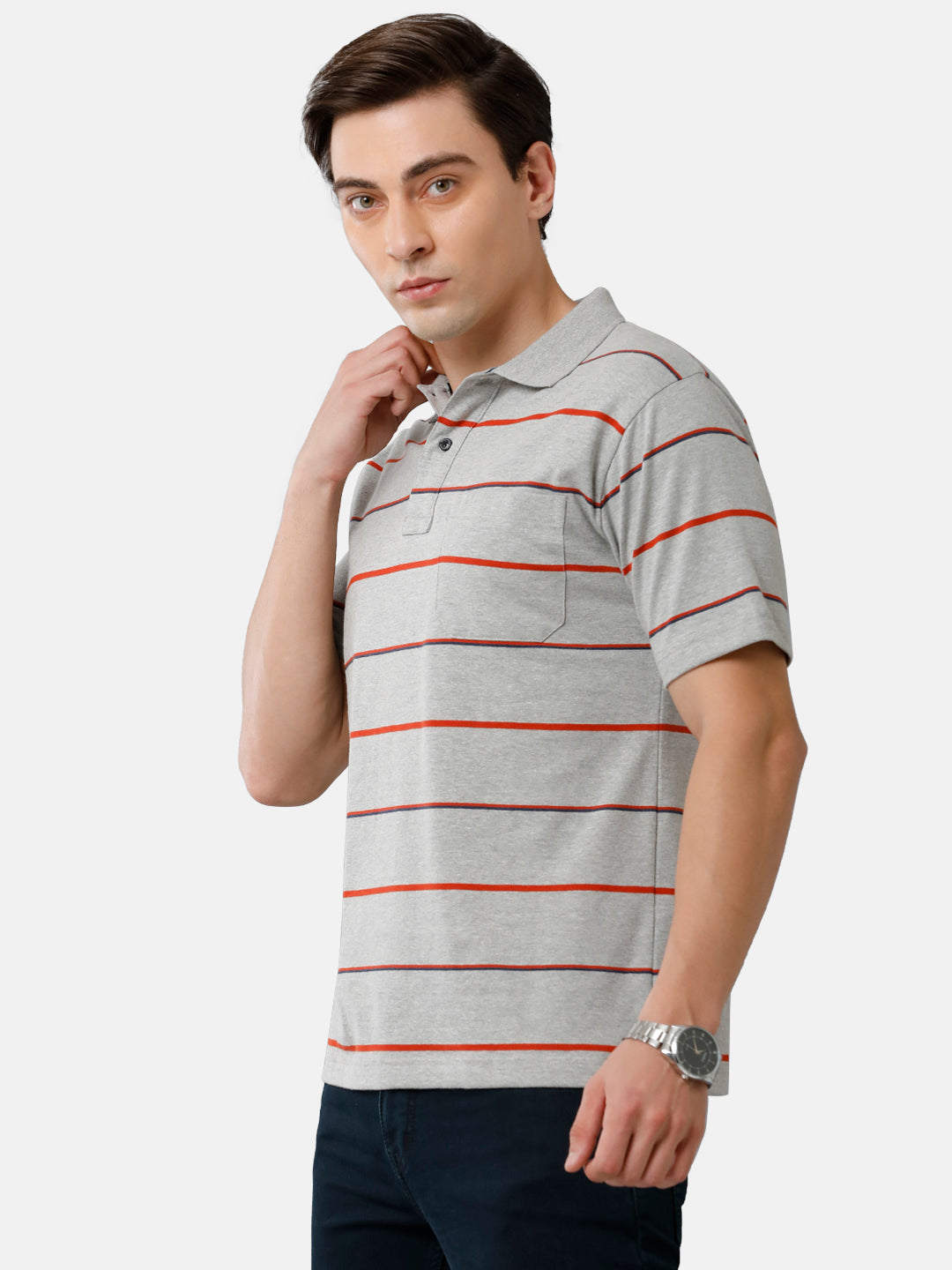 Classic Polo Mens Cotton Blend Striped Authentic Fit Polo Neck Grey Color T-Shirt | Avon 483 A
