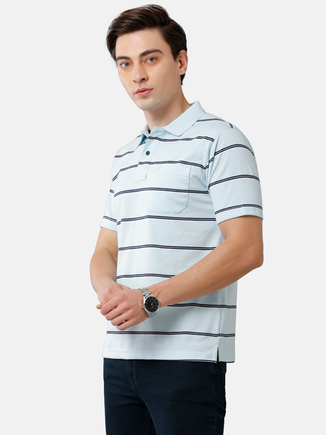 Classic Polo Mens Cotton Blend Striped Authentic Fit Polo Neck Sky Blue Color T-Shirt | Avon 476 B