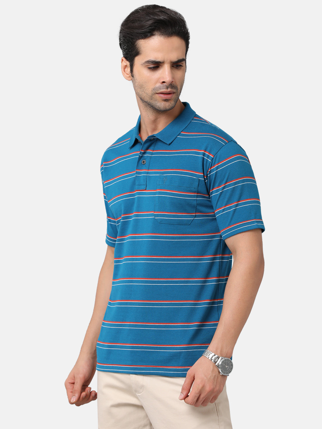 Classic Polo Mens Cotton Blend Striped Authentic Fit Polo Neck Blue Color T-Shirt | Avon 484b